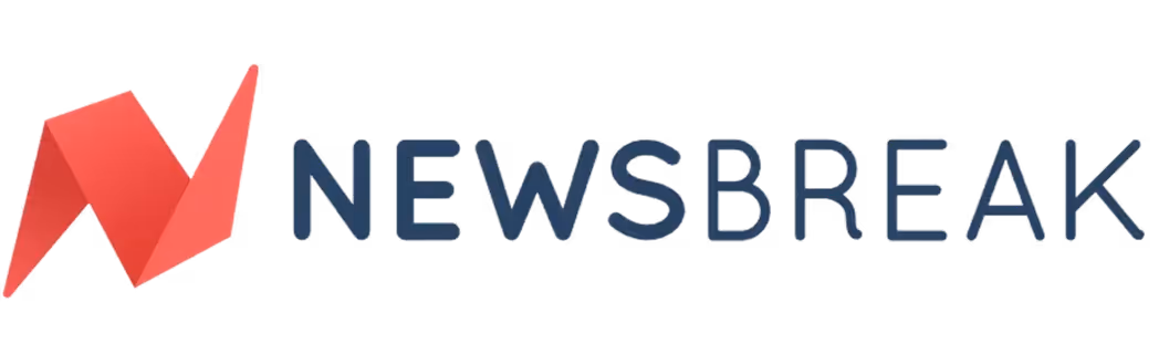 NewsBreak logo with red geometric shape followed by the text NEWSBREAK.