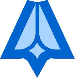 Blue stylized triangular emblem with a diamond shape at the base and abstract geometric patterns inside.