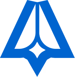 Blue triangular emblem with a white stylized symmetrical shape and a diamond at the bottom center.